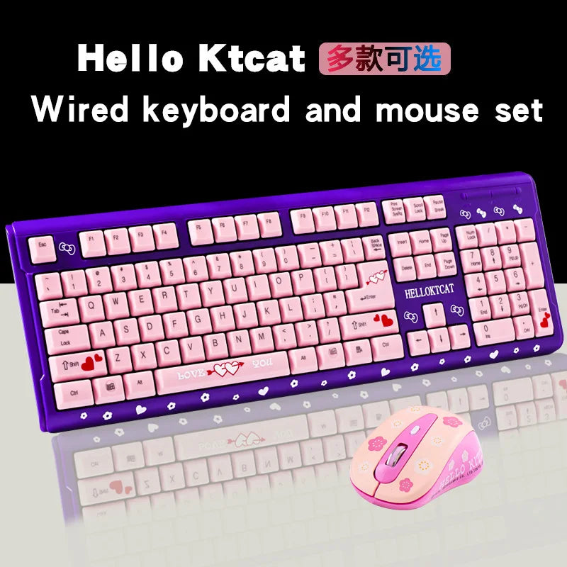 Pink Keyboard and Mouse Set Cute Girl Cartoon Cat Desktop Computer Office Home Gaming Laptop USB Wired Keyboard USB Wired Mouse