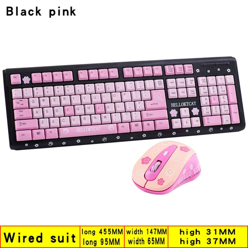 Pink Keyboard and Mouse Set Cute Girl Cartoon Cat Desktop Computer Office Home Gaming Laptop USB Wired Keyboard USB Wired Mouse