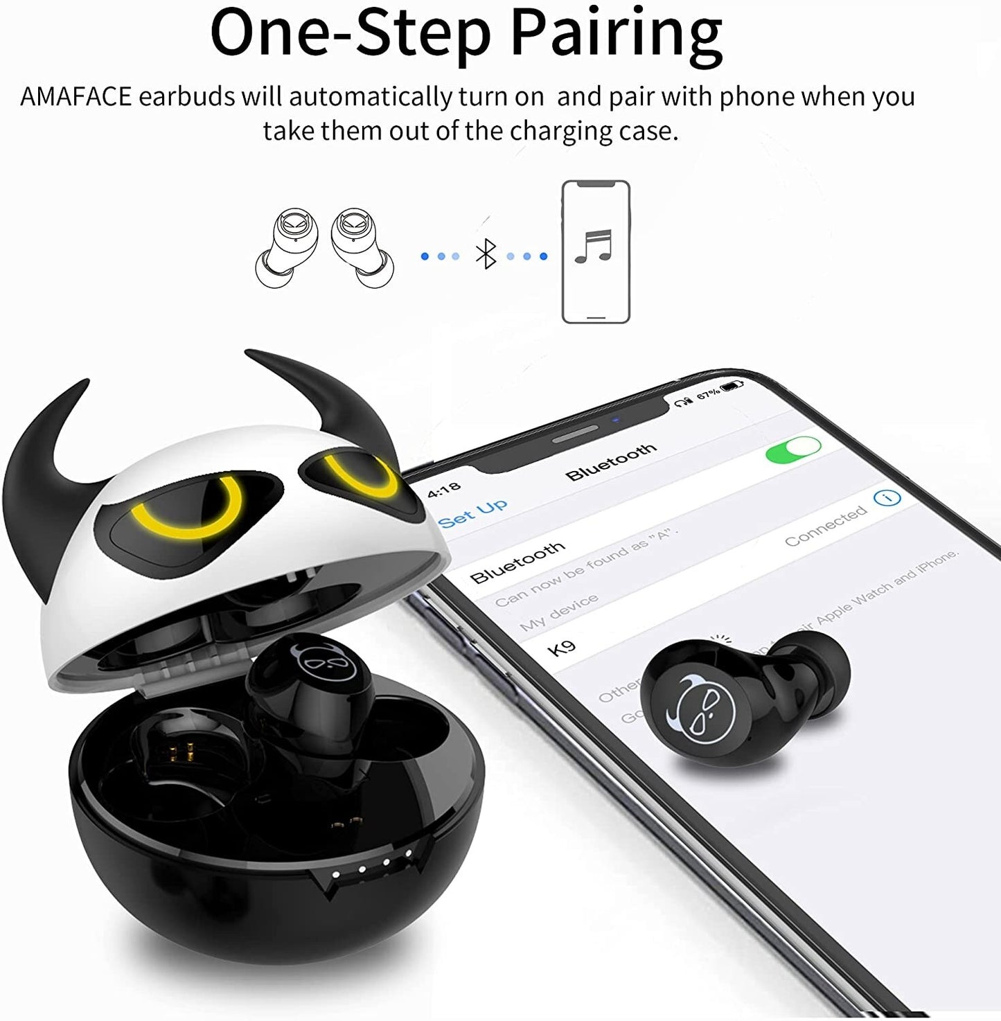 Cute Cartoon Wireless Earphone Bluetooth 5.0 Headphones Touch Control Earbuds with Mic for Kids Adult Halloween Gift