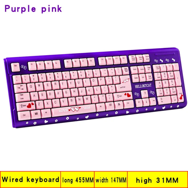 Pink Keyboard and Mouse Set Cute Girl Cartoon Cat Desktop Computer Office Home Gaming Laptop USB Wired Keyboard USB Wired Mouse