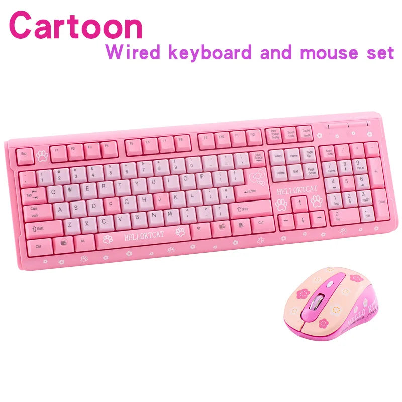 Pink Keyboard and Mouse Set Cute Girl Cartoon Cat Desktop Computer Office Home Gaming Laptop USB Wired Keyboard USB Wired Mouse