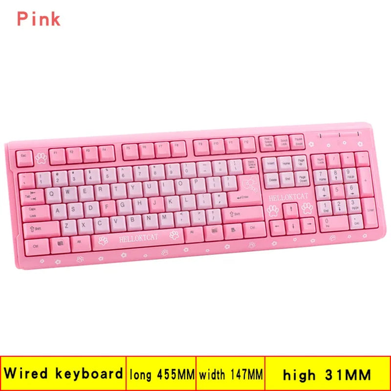 Pink Keyboard and Mouse Set Cute Girl Cartoon Cat Desktop Computer Office Home Gaming Laptop USB Wired Keyboard USB Wired Mouse