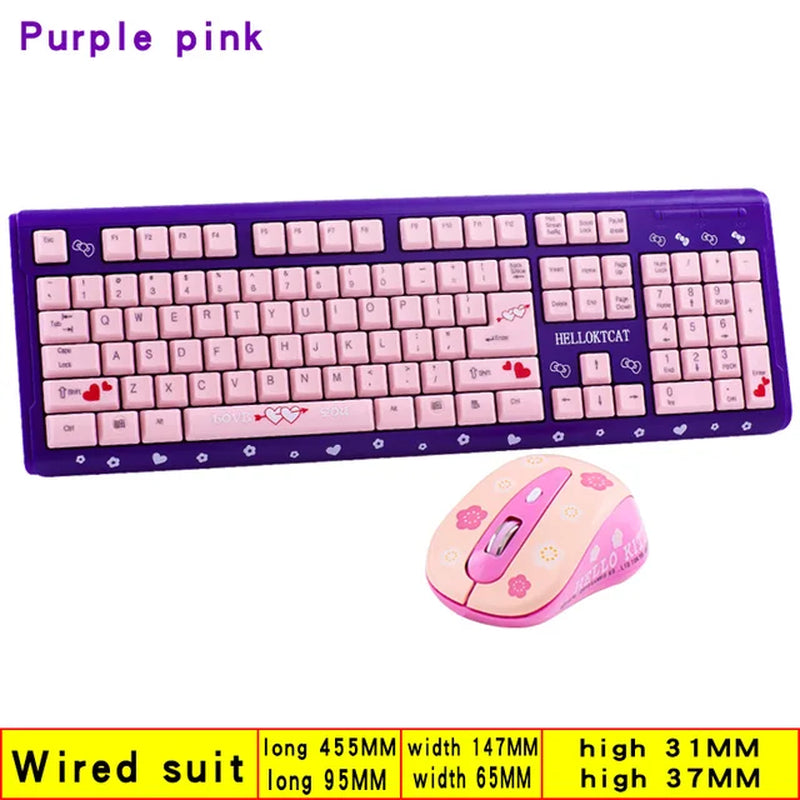 Pink Keyboard and Mouse Set Cute Girl Cartoon Cat Desktop Computer Office Home Gaming Laptop USB Wired Keyboard USB Wired Mouse