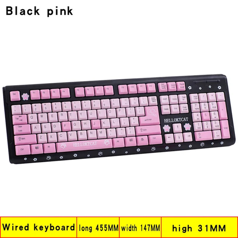 Pink Keyboard and Mouse Set Cute Girl Cartoon Cat Desktop Computer Office Home Gaming Laptop USB Wired Keyboard USB Wired Mouse