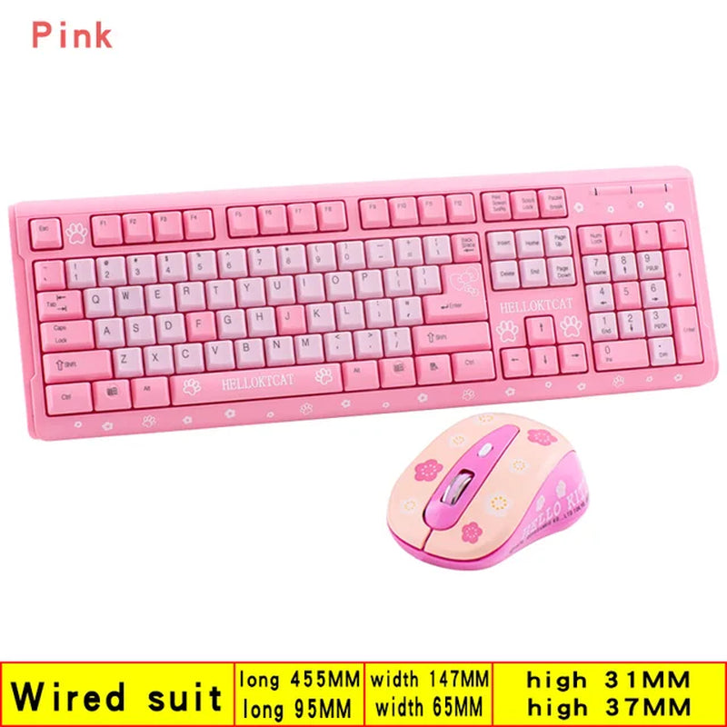 Pink Keyboard and Mouse Set Cute Girl Cartoon Cat Desktop Computer Office Home Gaming Laptop USB Wired Keyboard USB Wired Mouse