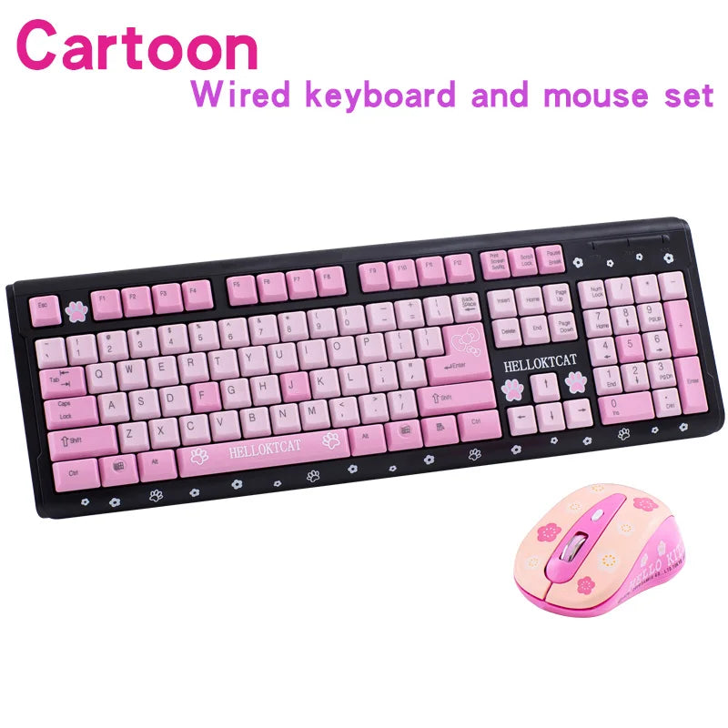 Pink Keyboard and Mouse Set Cute Girl Cartoon Cat Desktop Computer Office Home Gaming Laptop USB Wired Keyboard USB Wired Mouse